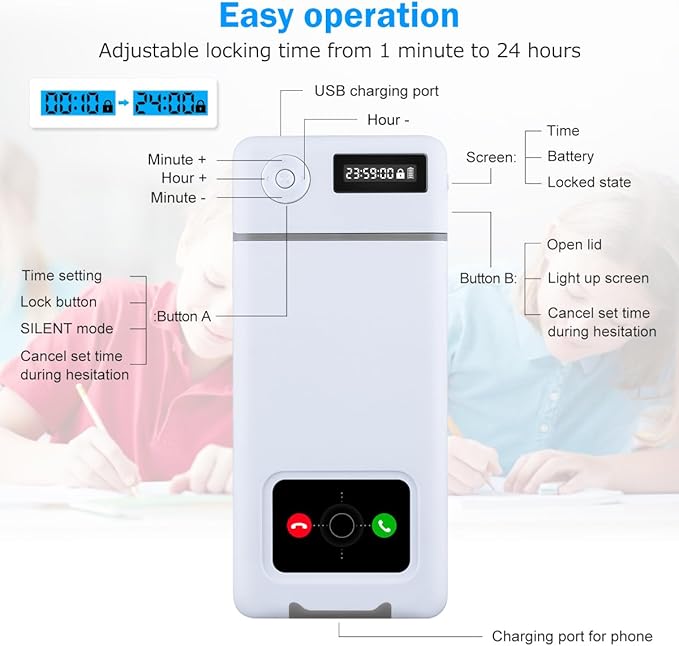 Phone Lock Box with Timer,Phone Lock Box,90 Days of Continuous Use,Quiet Mode,2 Charging Ports,Excessive Games,Mobile Phone Addiction