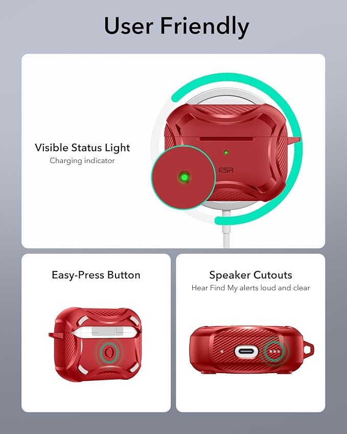 ESR for AirPods Pro 2nd Generation Case, Compatible with Airpods Pro Case 2nd/1st Gen (2023/2022/2019), Compatible with MagSafe, Powerful Drop Protection, Magnetic Lid with Cleaner Kit, Red