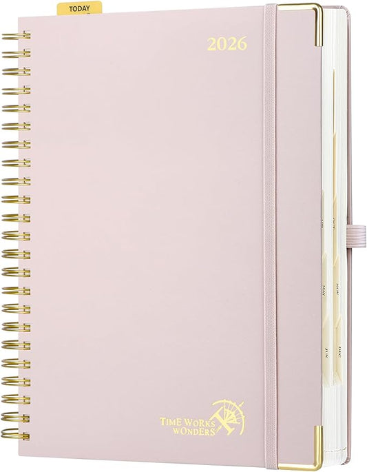 POPRUN 2026 Daily Planner One Page A Day - [A4 Large Size 8.25" x 12" -Spiral Hard Cover], Agenda 2026 Hourly Appointment Book with Monthly Calendar, Pen Holder, Ivory Paper -Light Pink