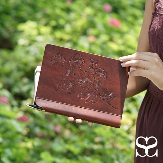 SETTINI® Lined Journal - Flower Journal for Writing Gift Set - Hardcover Vegan Leather, Unique Pen Holder, 192 Pages, 6" x 8.5" - Includes Pen and Gift Box - Birthday Gift