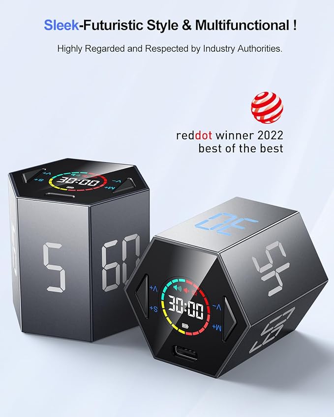 Pomodoro Timer Cube, Hexagon Productivity Timer, Pause & Resume, Silent, Vibrate & Adjustable Sound Alert, for ADHD, Task, Work, Study, 5/15/25/30/45/60min & Custom Countdown,Gray