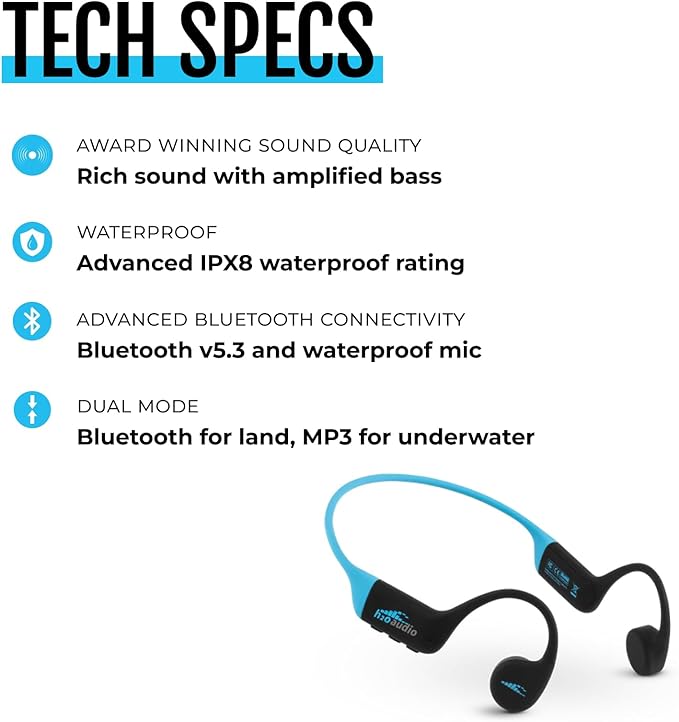 H2O Audio TRI 2 PRO Multi-Sport Waterproof Bone Conduction Open Ear Headphones, Bluetooth 5.3 for Running and Cycling, MP3 Mode for Swimming, IPX8, 8GB Memory, Playlist+ App Included for Streaming