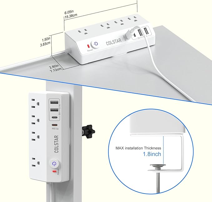 Desk Clamp Power Strip with 4 AC Outlets & 4 USB Ports Including PD 20W Fast Charging, Desk Mount Power Strip Surge Protector for Office,10FT Extension Cord Fits 1.8" Tabletop Edge (White)
