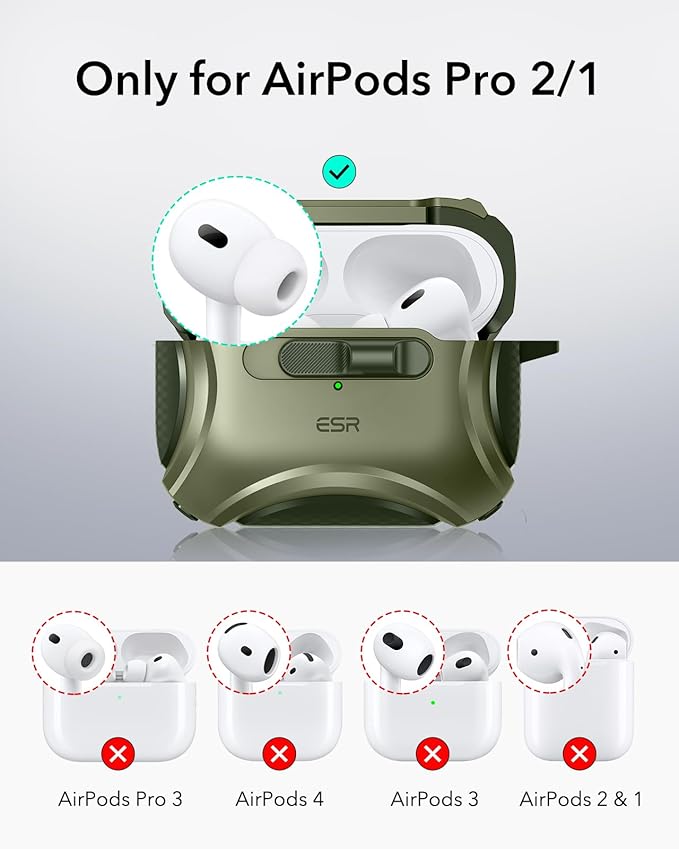 ESR for AirPods Pro 2 Case (2023/2022/2019, 2nd/1st Gen), Compatible with AirPods Pro 2nd Generation (USB-C/Lightning Cable), Effortless MagSafe, Drop-Proof Lock, Easy Open, Cyber Series,Army Green