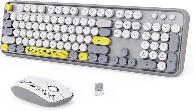 Wireless Keyboard Mouse Combo,Retro Typewriter Keyboard with Round Keycaps,2.4G Wireless Full Size Office Keyboard and Cute Mouse with 3 DPI for PC Mac Laptop Desktop Tablet Computer-Grey Colorful