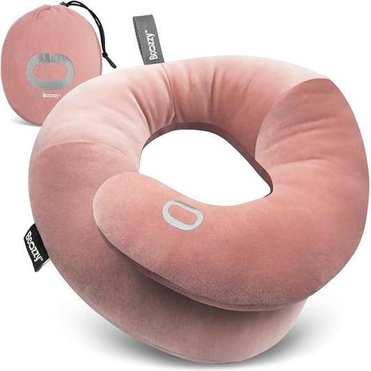 BCOZZY Travel Neck Pillow for Airplane– Patented Double Support for Head, Neck, and Chin. Best for Long Flights, Plane Sleeping, and Car Rides. Adjustable Size. Fully Washable. Carry Bag. Large, Nude