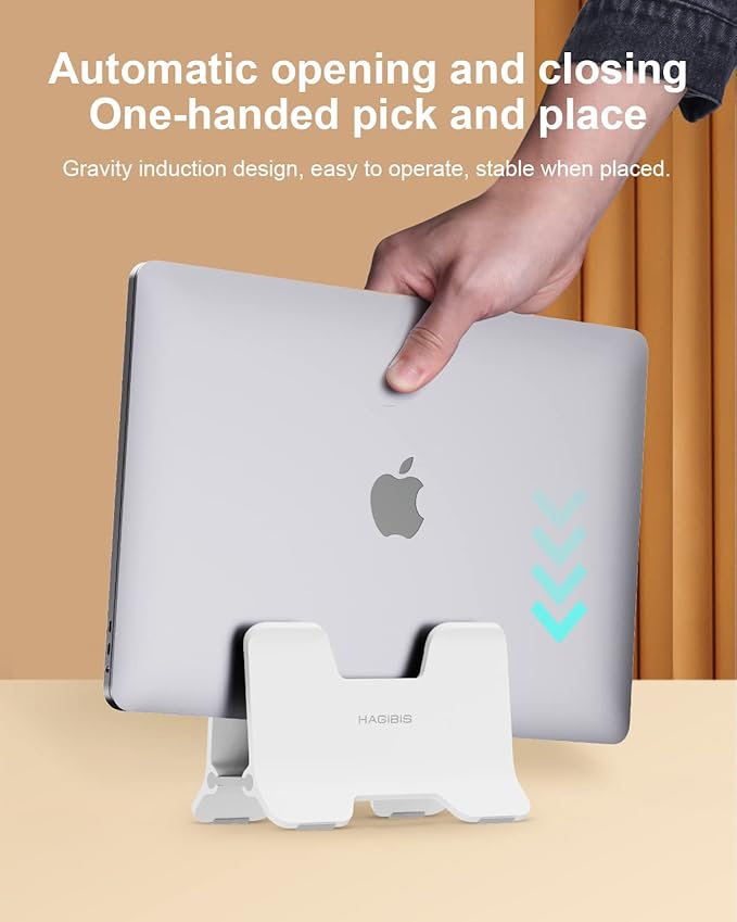 Hagibis Vertical Laptop Stand Desktop for Desk Gravity Locking Holder Dock Save Space Improves Airflow for MacBook Pro, Mac Mini, Surface, HP, Dell, Chrome Book (White ABS)