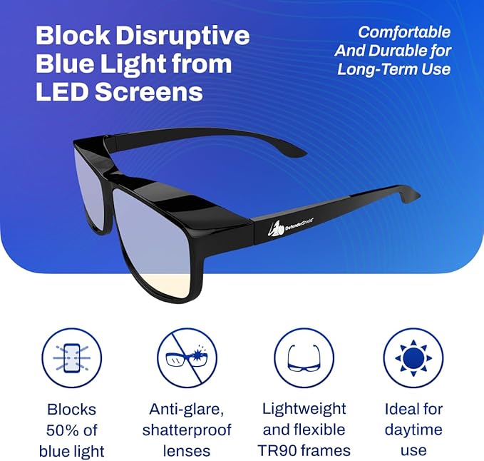 DefenderShield Premium Fit-Over Blue Light Blocking Glasses - Superior Blocking from Gaming PC & Cell Phone Screen Glare.