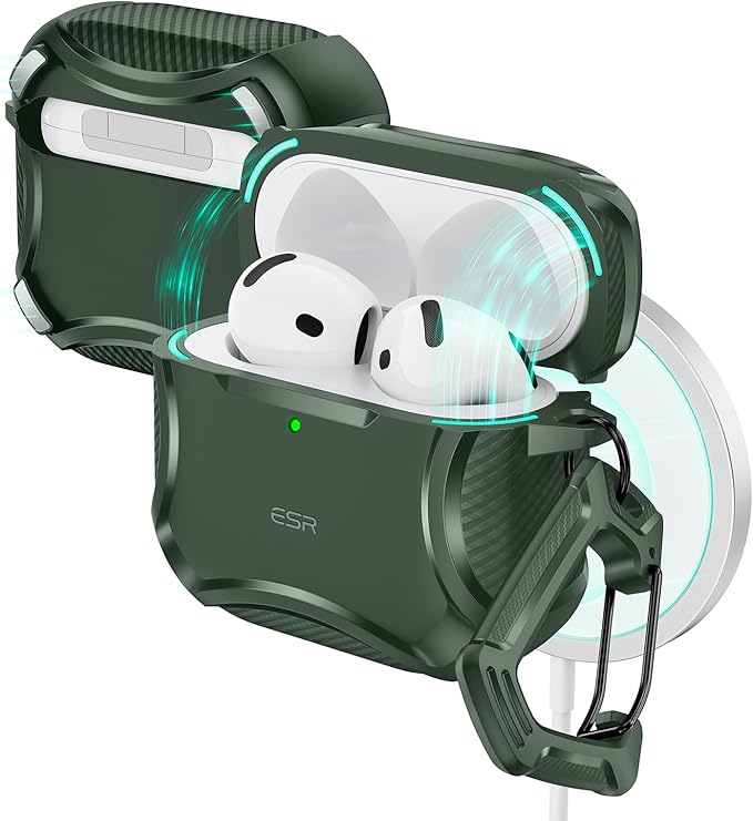 ESR for AirPods 4 Case, Compatible with AirPods 4th Generation Case (2024), Compatible with MagSafe, Powerful Drop Protection, Magnetic Lid, Cyber Series, Green