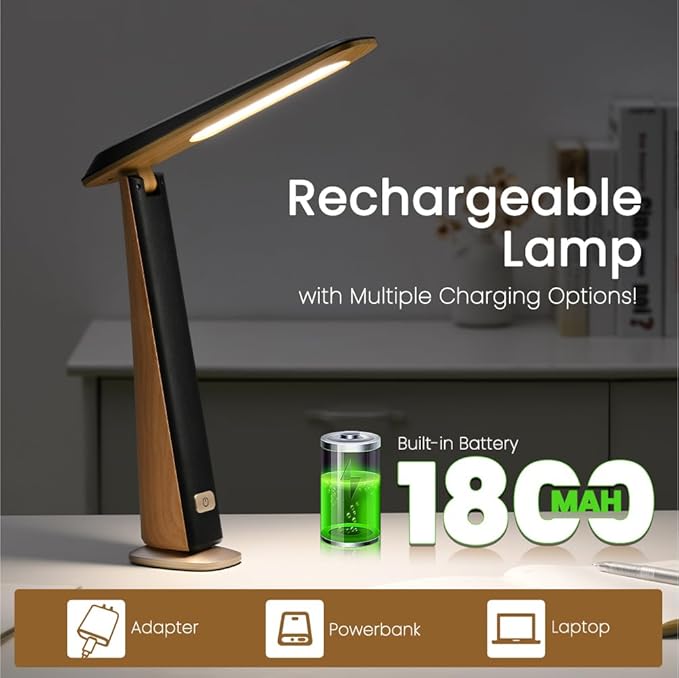 WILIT Foldable Portable Desk Lamp,Battery Operated Rechargeable Lamps Cordless,Eye-Caring LED Table Lamp with 3 Color Temperatures,Stepless Brightness,Desk Lamps for Office Home College Essentials