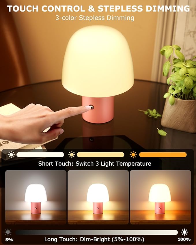 Portable LED Table Lamp, Cordless Desk Lamp Rechargeable, 3-Color Touch Stepless Dimming Night Light for Bedroom/Children's Room/Terrace/Dining Room/Cafe (Pink)