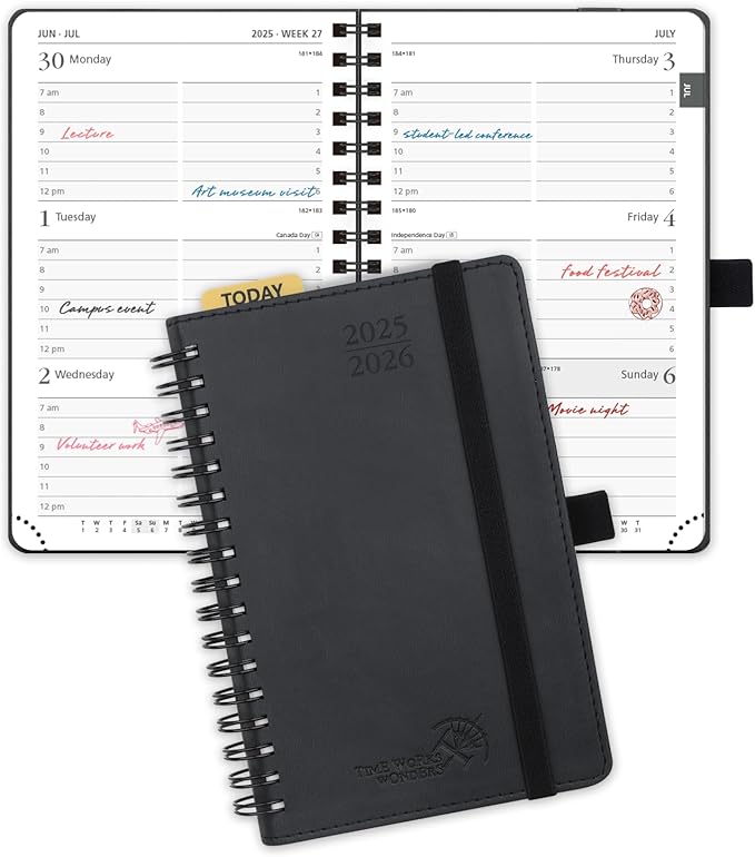 POPRUN Pocket Planner 2025-2026 (Purse Size 4'' x 6.25'') Academic Small Calendar (July 2025 - June 2026) with Hourly Time Slots, 100GSM Thick Papers, Spiral Leather Cover - Black