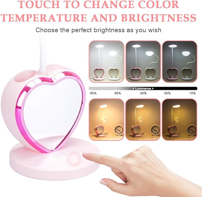 LED Desk Lamp, Cute Pink Desk Lamp with USB Charging Port/Pen Holder and Phone Stand, Touch Control Reading Lamp with 2 Color Modes,Eye-Caring Study Table Lamp for Kids Girls College Dorm Bedroom
