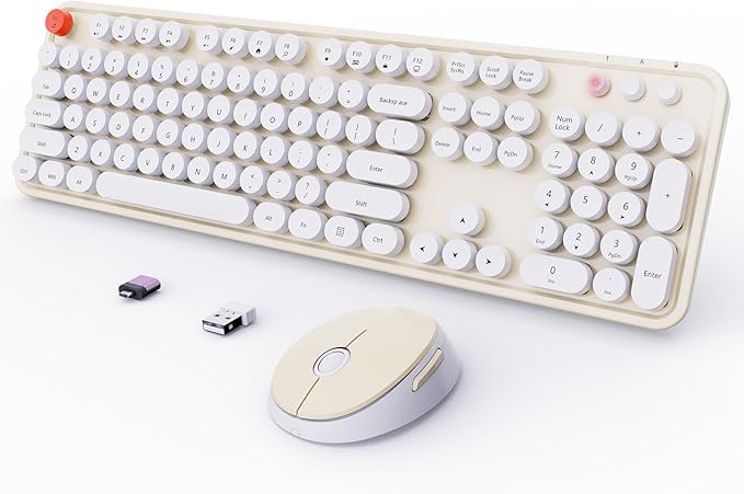 Wireless Keyboard and Mouse Combo, Ergonomic Full Size Typewriter Retro Round Keycaps Keyboard, Compatible with Windows, PC, Perfer for Home and Office Keyboards (Beige