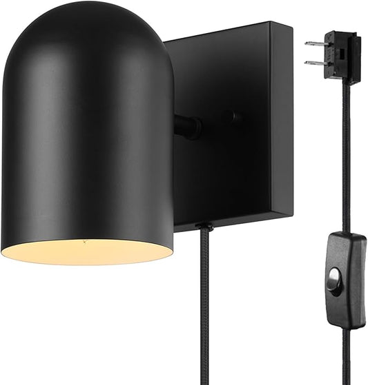 GLOBE Electric 65000098 1-Light Plug-in or Hardwire Wall Sconce, Matte Black, 6ft Braided Fabric Cord, in-Line Rocker Switch, Modern Lighting for Apartments or Renters, Lights for Living Room