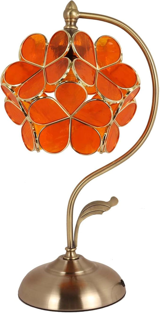 Bieye L10909 Tiffany Style Stained Glass Flower Petal Table Lamp with Brass Base for Home Décor (Orange Transparent, 8" Cherry Blossom)
