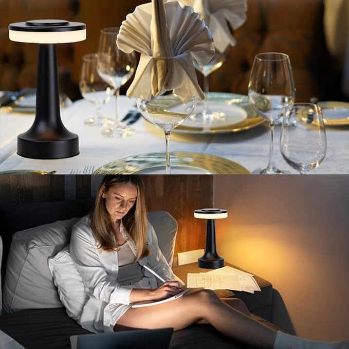 Cordless Metal Desk Lamp, Touch Sensor Control LED Table Lamp,3 Color Stepless Dimmable Battery Powered Lamp for Living Room, Dorm, Home Office (Black)