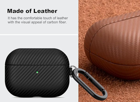 Leather Case - for AirPods Pro 2 Case Cover with Keychain - Selected Skin-friendly Leather, Carbon Fibre Texture, Handmade Shockproof Hard Cover for AirPods Pro 2nd Generation Earbuds - Black