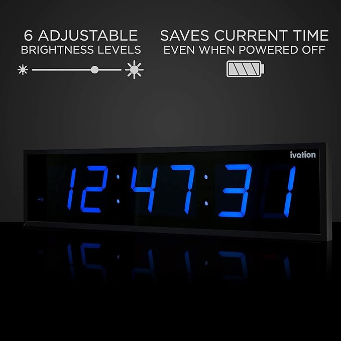 Ivation Oversized 36" Large Digital LED Clock | Big Digital Clock w/Multi-Function Display – Stopwatch, Timer, Alarms, Temp & Date | 6 Brightness Levels, Time Memory & Remote (Blue)