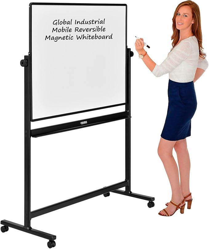 Global Industrial Rolling Magnetic Dry Erase Whiteboard, Double Sided Reversible, 48 x 36, Black Frame