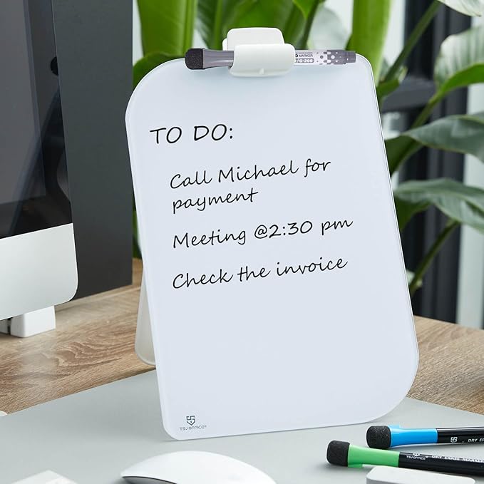 TSJ OFFICE Small Desktop Whiteboard - 12 X 8 Inches Glass Dry Erase Board with Stand, Desk Board Buddy for Home, Office, School Supply