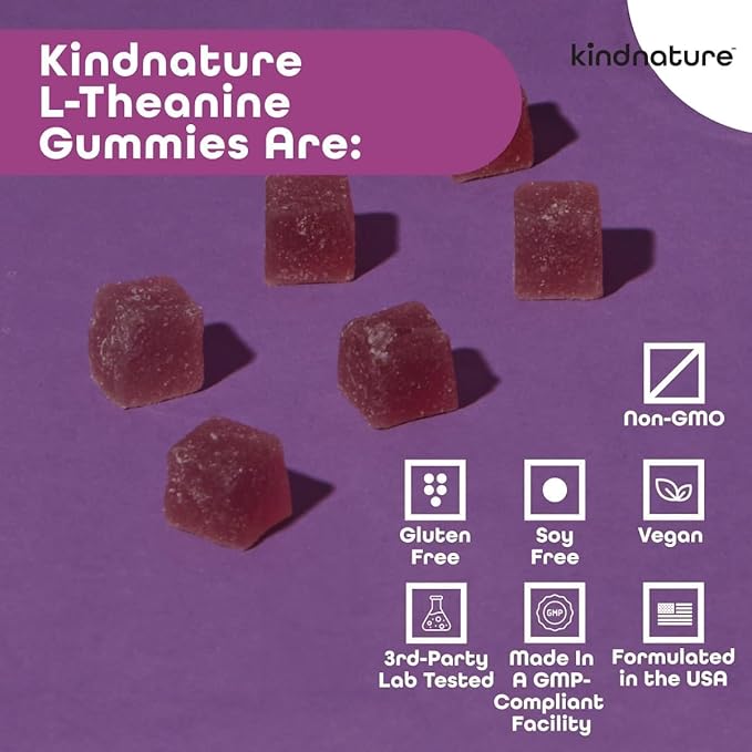 kindnature L-Theanine Gummies 200mg – Vegan Calm & Focus Supplement for Adults & Kids Ages 4+ – Mixed Berry Chewable, Low Sugar, Non-Drowsy*