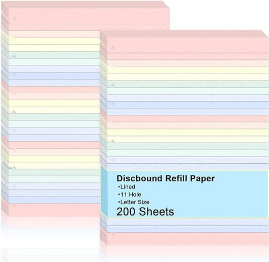 Letter Size Discbound Refill Paper 8.5'' X 11'' 200 Sheets 400 Pages Colored Discbound Planner Inserts 100GSM Lined Paper Refill Wide ruled for 11 Disc Notebooks Note-Taking