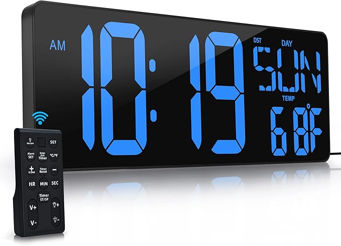 Large Digital Wall Clock with Remote Control 17.2" LED Large Display Timer with Temperature Date Week Auto DST Adjustable Brightness, Big Wall Alarm Clock for Living Room Office Garage Gym Seniors