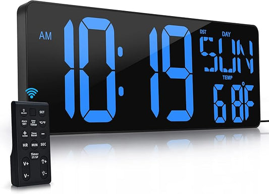 Large Digital Wall Clock with Remote Control 17.2" LED Large Display Timer with Temperature Date Week Auto DST Adjustable Brightness, Big Wall Alarm Clock for Living Room Office Garage Gym Seniors