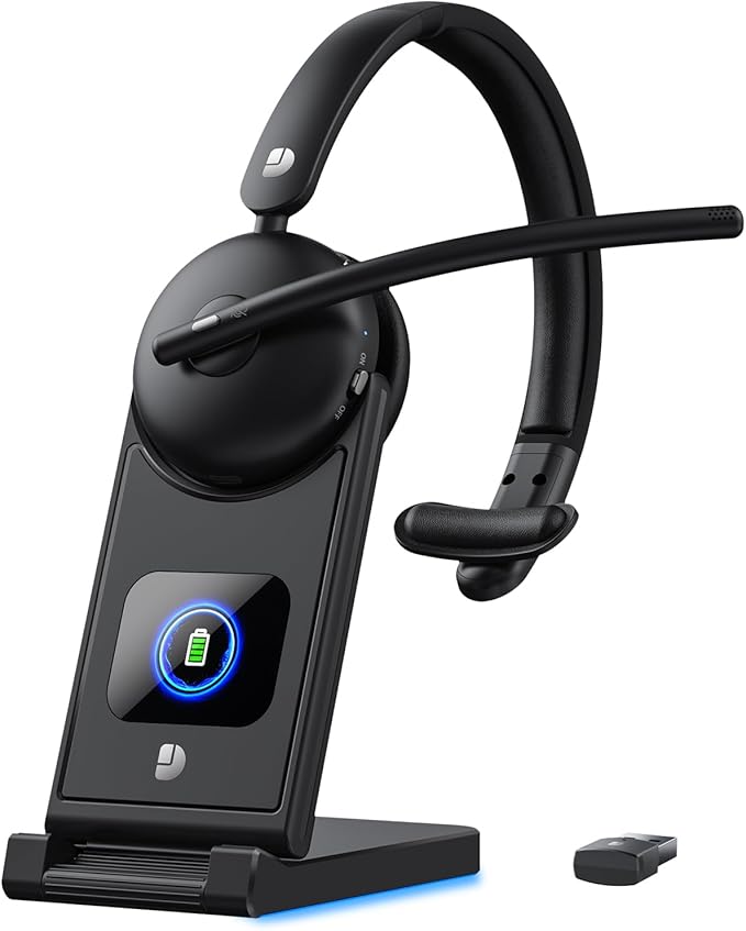Wireless Headset with Mic for Work, Wireless Headset with Microphone (Noise Cancelling), Smart Mult-Func Dock, 65H Worktime&Fast Charge Bluetooth Headphones for Work/PC/Computer/Call Center/Teams/Zoom
