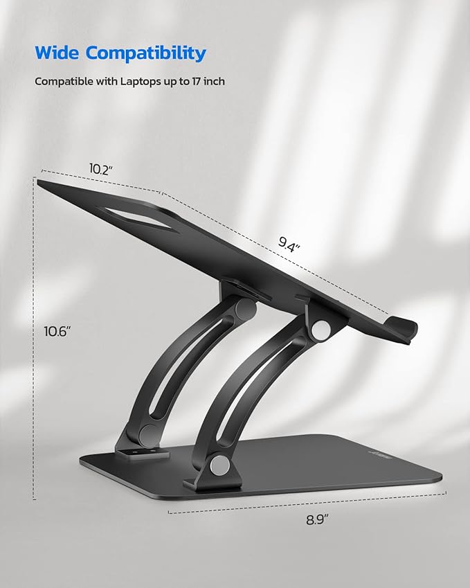 Nulaxy Fully Adjustable Laptop Stand for Desk, Dual Foldable Aluminum Computer Riser with Heat-Vent, Ergonomic Notebook Holder Portable Office Accessories Compatible with All 10-17" Laptops, Black