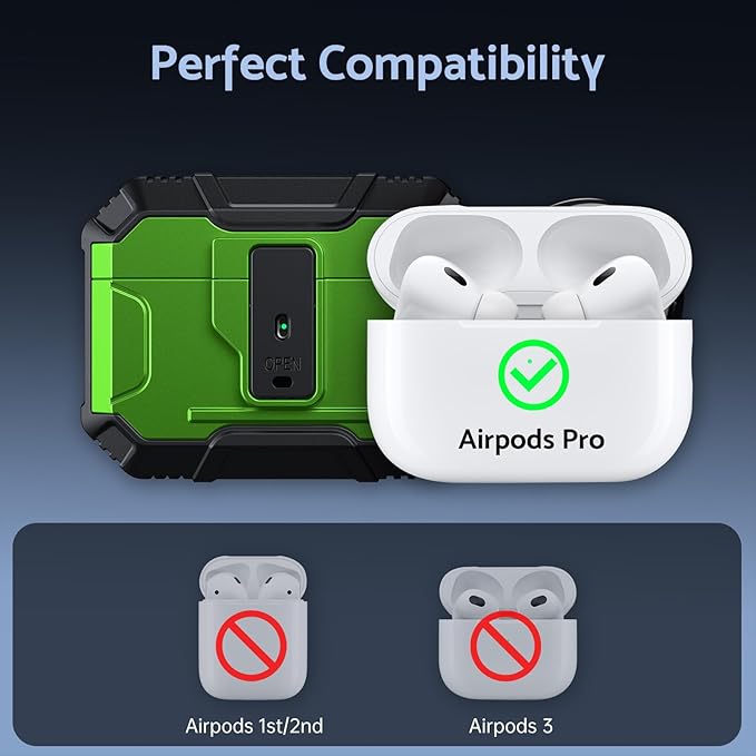 DASFOND Armor Earphone Cover Case for Airpods Pro, Military Grade Full Body Shockproof Protection Hard Case, Support Wireless Charging with Keychain, Magnetic Lid, Front LED Visible, Grass Green