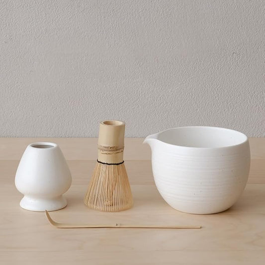WENSHUO Matcha Whisk Set, Ceramic Matcha Bowl & Whisk Holder, Bamboo Accessory, Modern Design (Matte White, Pouring Spout)