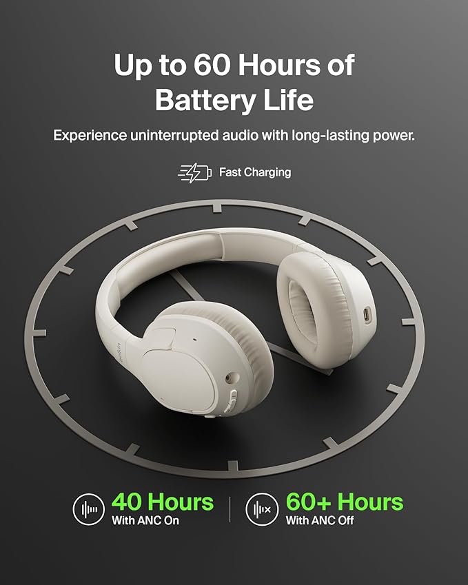 Belkin SoundForm Isolate Bluetooth Over-Ear Headphones - Hybrid Active Noise Cancelling Headphones - Wireless w/ 60H Playtime, Fast Charging & CloudCushion Ear Cups for Travel, Home, or Office - Sand