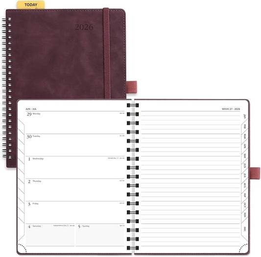 POPRUN 2026 Planner Weekly Notebook (Jan-Dec), Medium 8.5''x 6.5'' - Agenda 2026 Calendar Book with Monthly Tabs, Inner Pocket, Spiral Soft Cover, 100 GSM - Claret