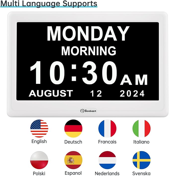 Soobest 12” Digital Dementia Clock for Seniors Elderly Extra Large with Date Day and Time Display, Electric Calendar Clock 20 Reminders 3 Ringtones for Memory Loss Alzheimers, Auto DST/Dimmer