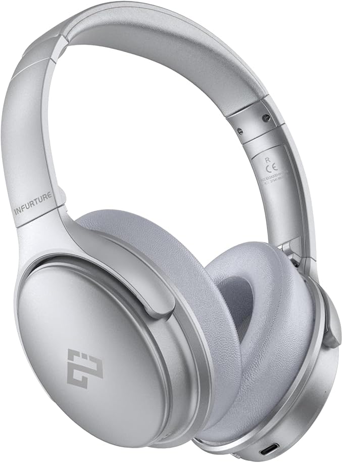 INFURTURE Active Noise Cancelling Headphones, H1 Wireless Over Ear Bluetooth Headphones, Deep Bass Headset, Low Latency, Memory Foam Ear Cups,90H Playtime (Silver)