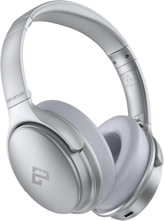 INFURTURE Active Noise Cancelling Headphones, H1 Wireless Over Ear Bluetooth Headphones, Deep Bass Headset, Low Latency, Memory Foam Ear Cups,90H Playtime (Silver)