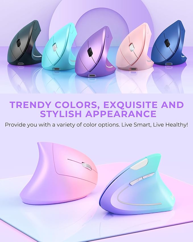 Lekvey Ergonomic Mouse, Vertical Wireless Mouse, Rechargeable 2.4G Optical Carpal Tunnel Mice with USB Receiver: 1000/1200 / 1600 DPI, 6 Buttons, for Laptop, Computer, PC, Desktop, Light Purple