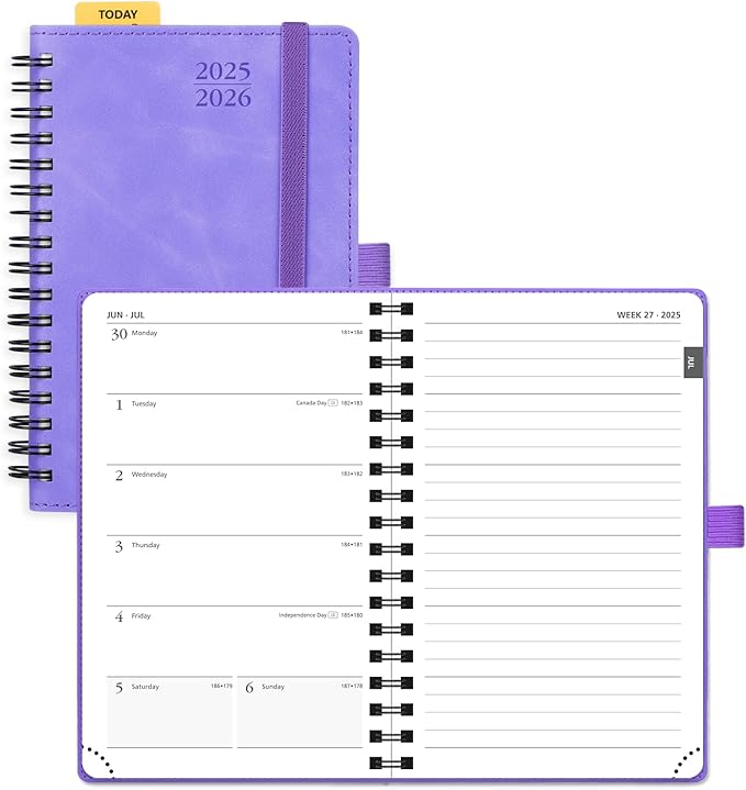 POPRUN Planner 2025-2026 Weekly Notebook (Pocket Size 4''x 6.25''), Small Academic Calendar for Purse with Spiral Soft Cover, Plastic Ruler, Inner Pocket, 100 GSM - Lilac