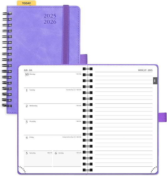 POPRUN Planner 2025-2026 Weekly Notebook (Pocket Size 4''x 6.25''), Small Academic Calendar for Purse with Spiral Soft Cover, Plastic Ruler, Inner Pocket, 100 GSM - Lilac