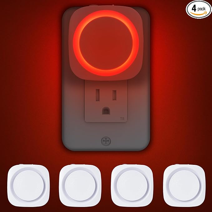 Red Night Lights Plug into Wall, 4 Packs Dimmable Night Light with Dust to Dawn Sensor, Automatically Turn on and Off, Gentle Glow Nightlight for Bathroom,Bedroom,Stairs,Kitchen,Hallway, Red