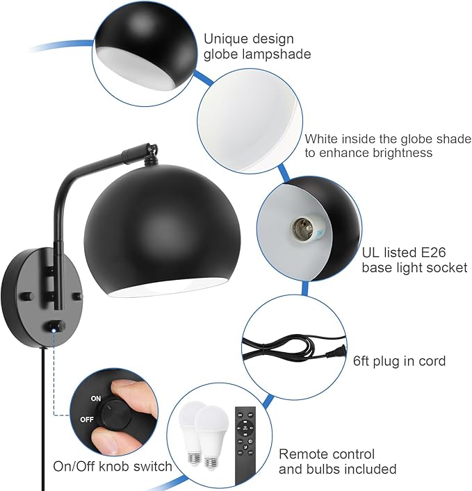 Wall Sconce with Remote Control, Dimmable Plug in Wall Sconces and Adjustable Color Temperature 2700K~6000K, Globe Swing Arm Wall Lights with Plug in Cord(2 Pack, 2 Bulbs)