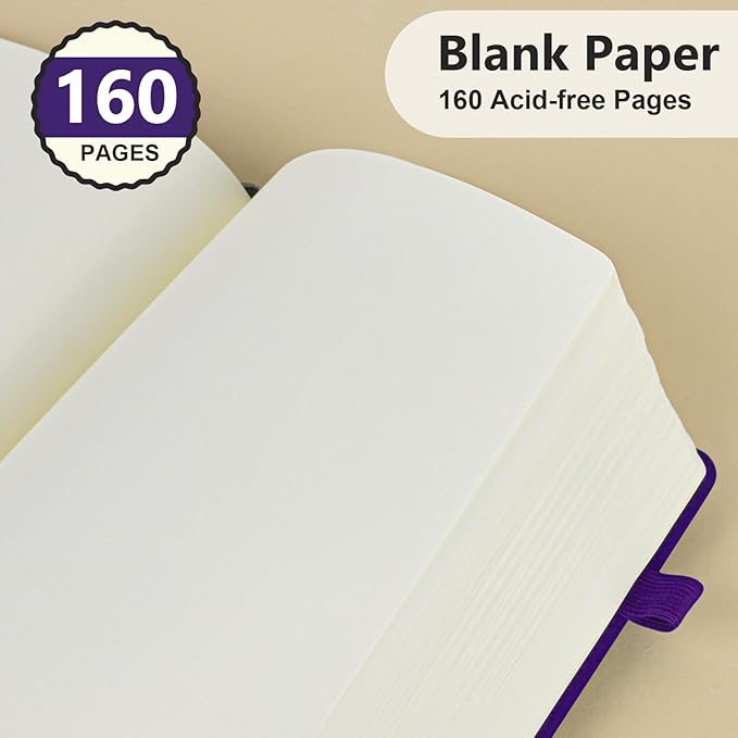 PERCUN Blank Journal Ntebook for Men & Women, 160 Pages Blank Journals for Writing, Drawing,Sketch Book,5.9" x 8.5" Leather Sketchbook, Unlined Notebook for Work, School, Art - Purple
