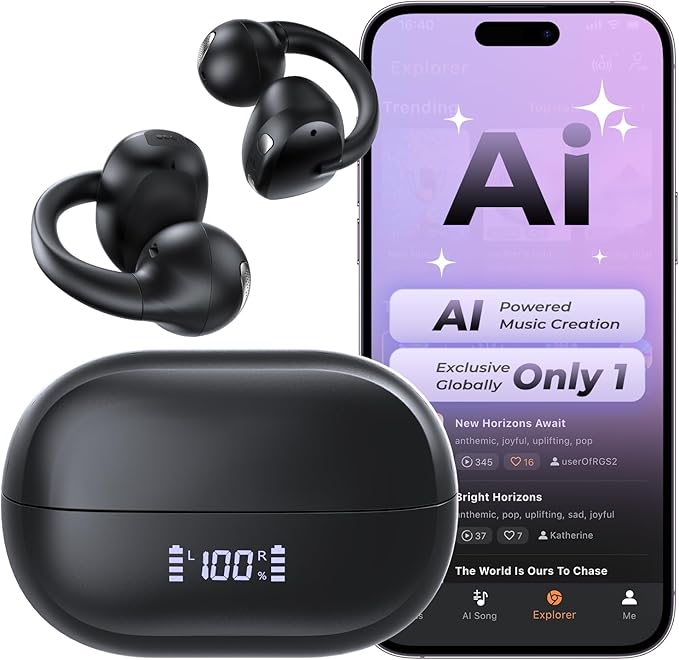 Open Ear Earbuds, Bluetooth 5.4 AI Music Generator Bone Conduction Clip On Headphones with 4 Mics Clear Calls, Ultra-Light 5.7g Comfort, 30H Hi-Fi Stereo Playtime, IPX6 Fit Sports, Black