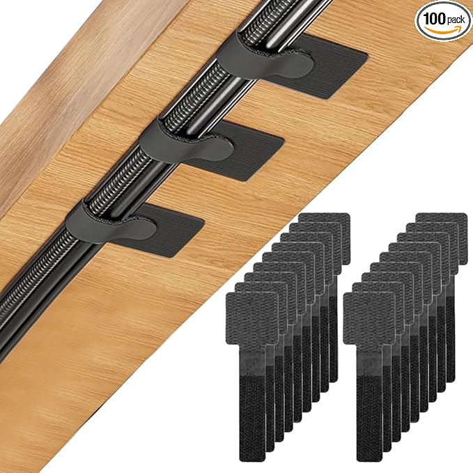 100 PCS Hook and Loop Cable Ties, Adjustable Cord Wraps, Adhesive Cord Management, Sticky-Back Hook and Loop Cable Straps, Reusable Cords Organizers for Wires and Cables, Black