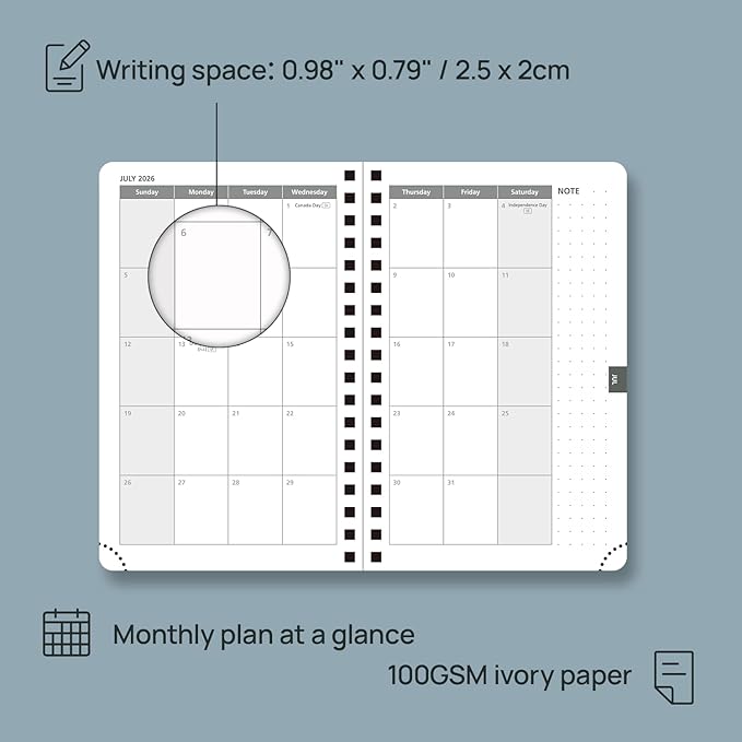 POPRUN Pocket 2026 Planner (Small Size- 4'' x 6.25'') Weekly and Monthly for Purse - Calendar 2026 (Jan. 2026 - Dec.2026) with Soft Cover, Plastic Ruler TJ-26-WELA6-GY - Grey