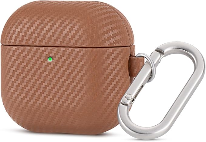 Leather Case for AirPods 4 / AirPods 4 with Active Noise Cancellation Case Cover with Keychain - Selected Skin-Friendly Leather, Carbon Fibre Texture, Handmade Shockproof Hard Cover - Brown