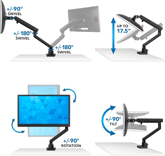 Mount-It! Single Monitor Arm Mount | Premium Monitor Desk Stand | Articulating Mechanical Spring Arm | Fits 24 27 30 32 Inch VESA 75 100 Compatible Computer Screen | C-Clamp and Grommet Bases