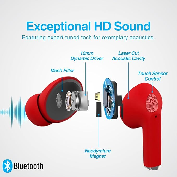 Naztech Xpods PRO Ear Buds - (Red) True Wireless Earbuds Noise Cancelling Earbuds Wireless Bluetooth Earphone for Gym Sound Cancelling in Ear Headphones Fitness Earphones Includes Charging Case